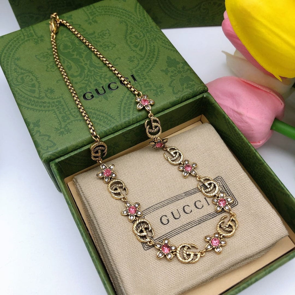 Gucci Double Interlocking Gucci Red Flowers 18K Gold Necklace