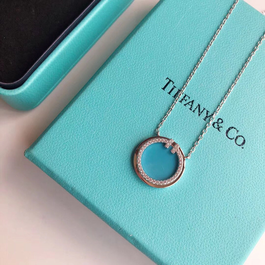 Tiffany Diamond & Turquoise Circle Pendant 18K Gold Necklace