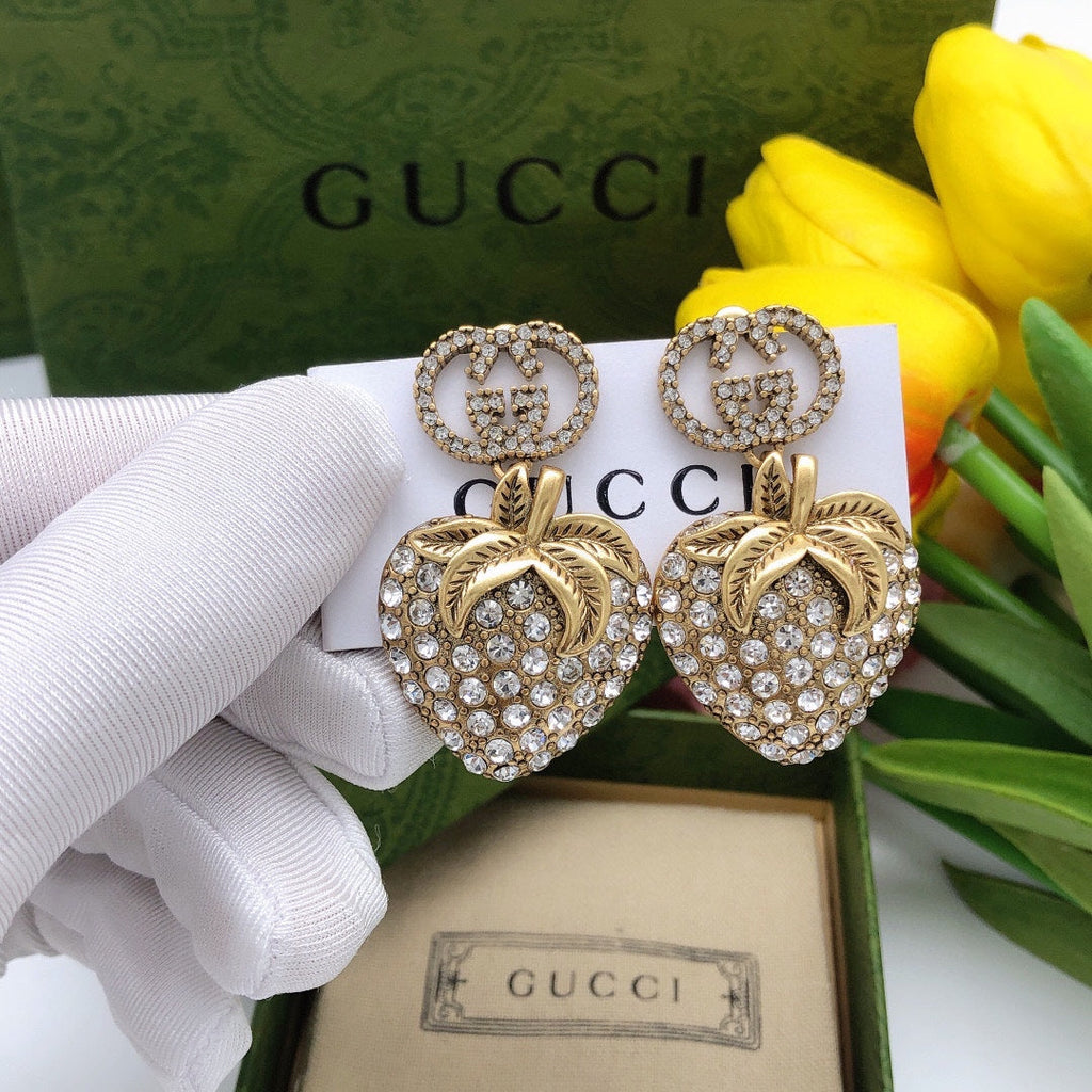 Gucci Double Crystal Strawberry Pendant 18K Gold Earrings