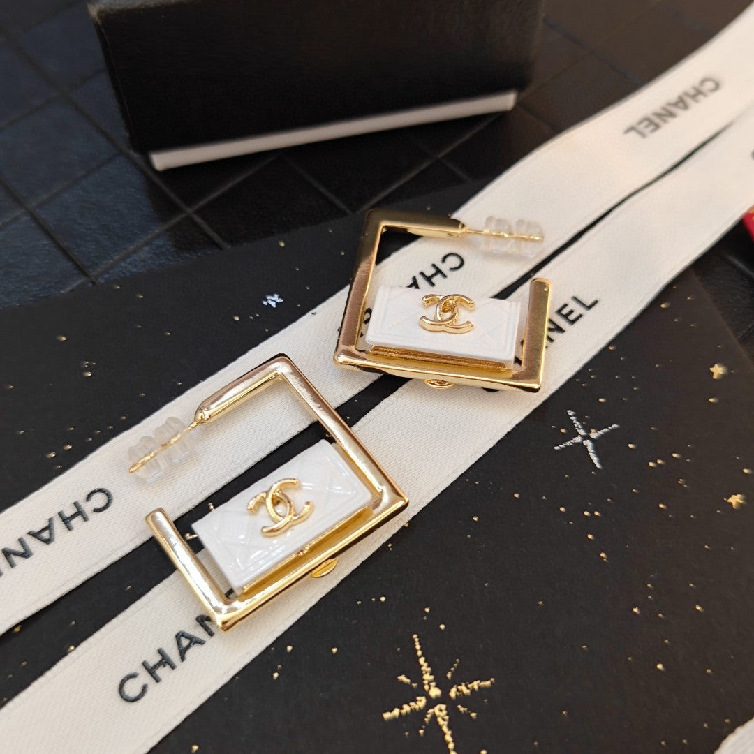 Chanel White Bag Hoop 18K Gold Earrings