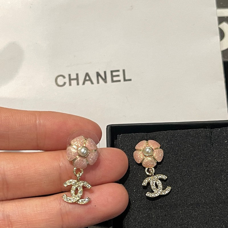 Chanel 26C Pink Camellia Diamond 18K Gold Earrings
