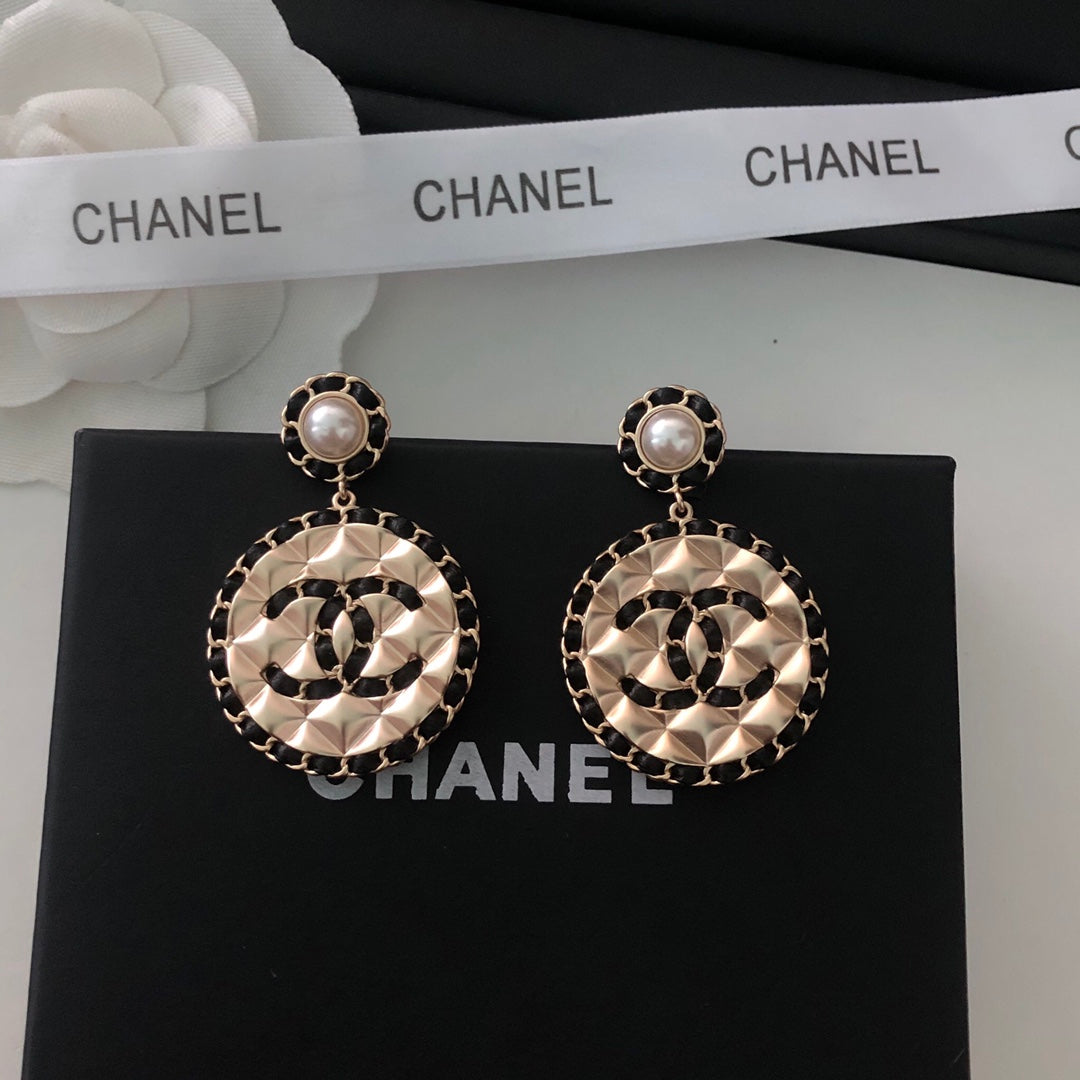 Chanel Leather Round 18K Gold Earrings