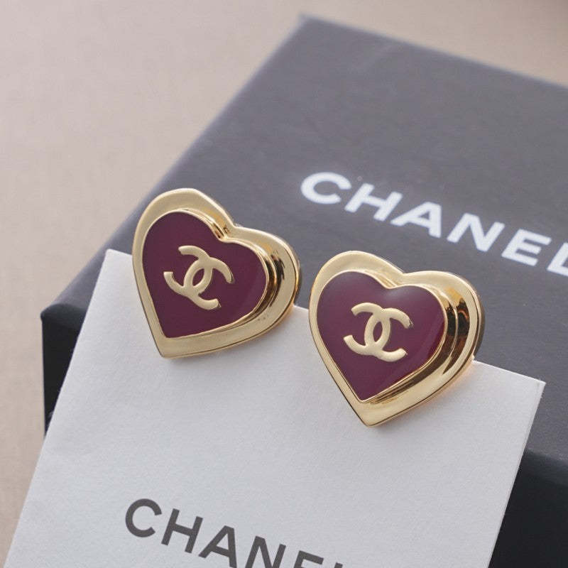Chanel Black & Red Heart 18K Gold Earrings