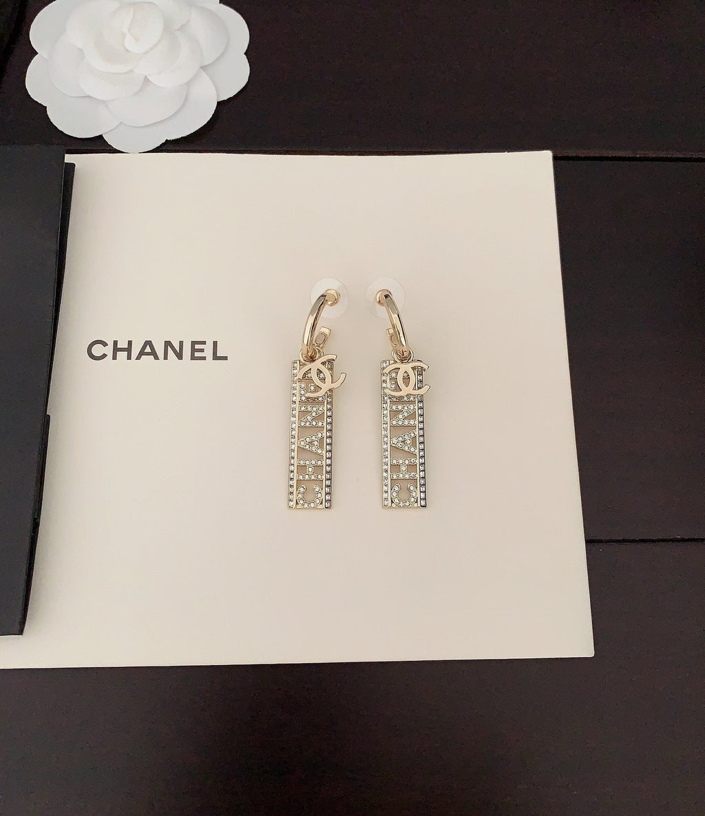 Chanel Crystals Long Letter 18K Gold Earrings