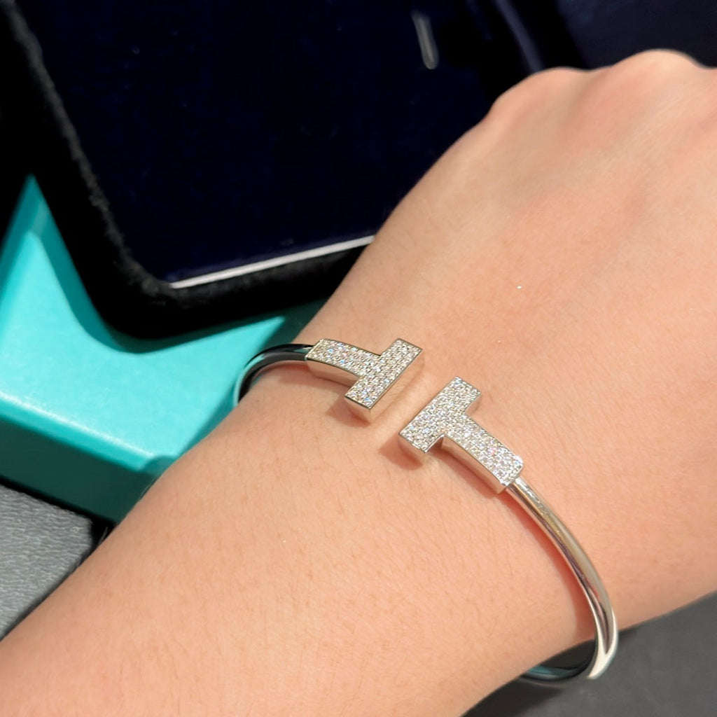 Tiffany Wide Diamond Wire 18K Gold Bracelet