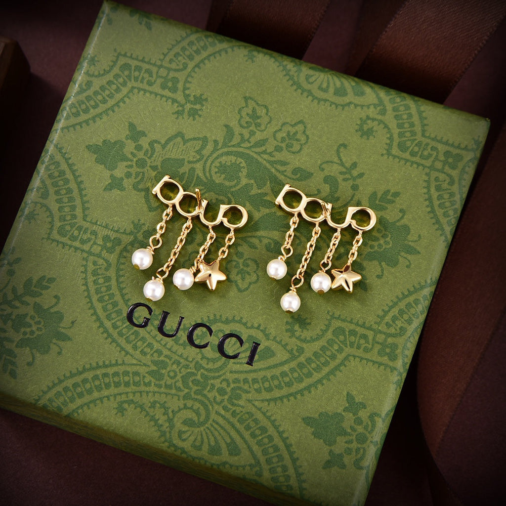 Gucci Double Script Pearl 18K Gold Earrings