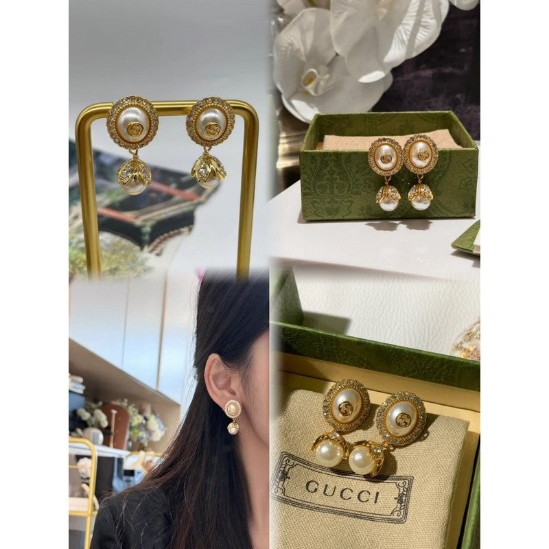 Gucci Double Flower Pearl 18K Gold Earrings